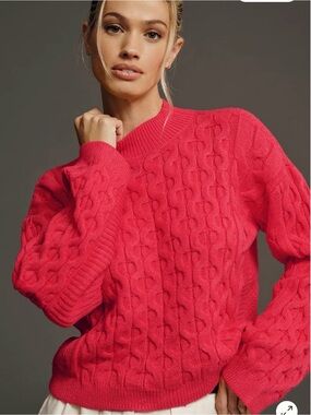 By Anthropologie 4SI3NNA Long-Sleeve Cropped Cable Sweater, Size XS fuchsia.